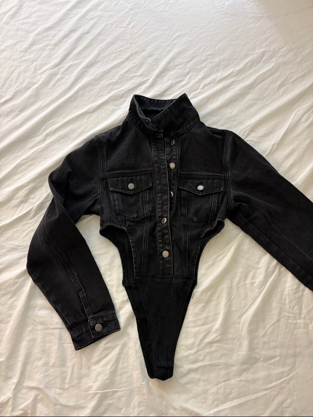 PrettyLittleThing Black Denim Long Sleeve Bodysuit